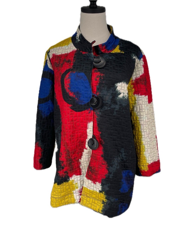 Artsy Boho Colorful Abstract Large Button Jacket in Multi Colors-image