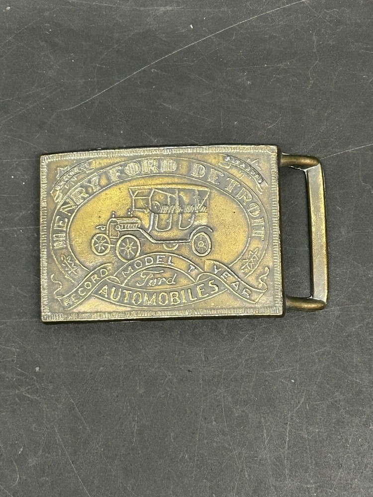 Vintage Henry Ford Detroit Automobiles Model T Record Year Brass Belt Buckle