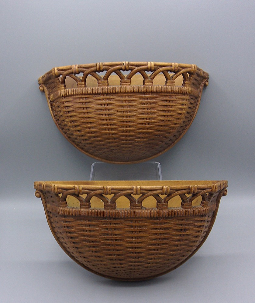 Vintage 1978 Set of 2 Homco Dart  Brown Faux Wicker Basket Wall Pocket Planters