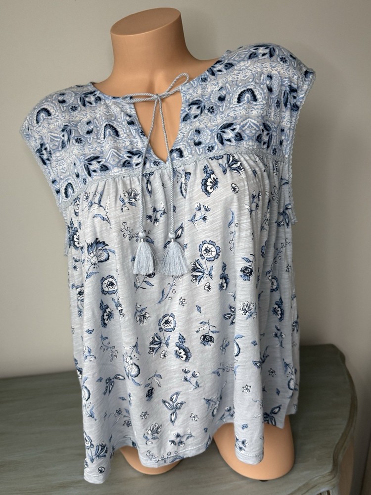 Lucky Brand Tank Top Women L Boho Floral Boho Lightweight Slub Tassel V