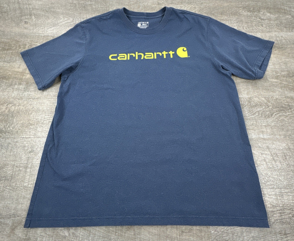 Carhartt Men's T-Shirt 2XL Blue Spell Out Logo Heavyweight K195 Cotton Graphic