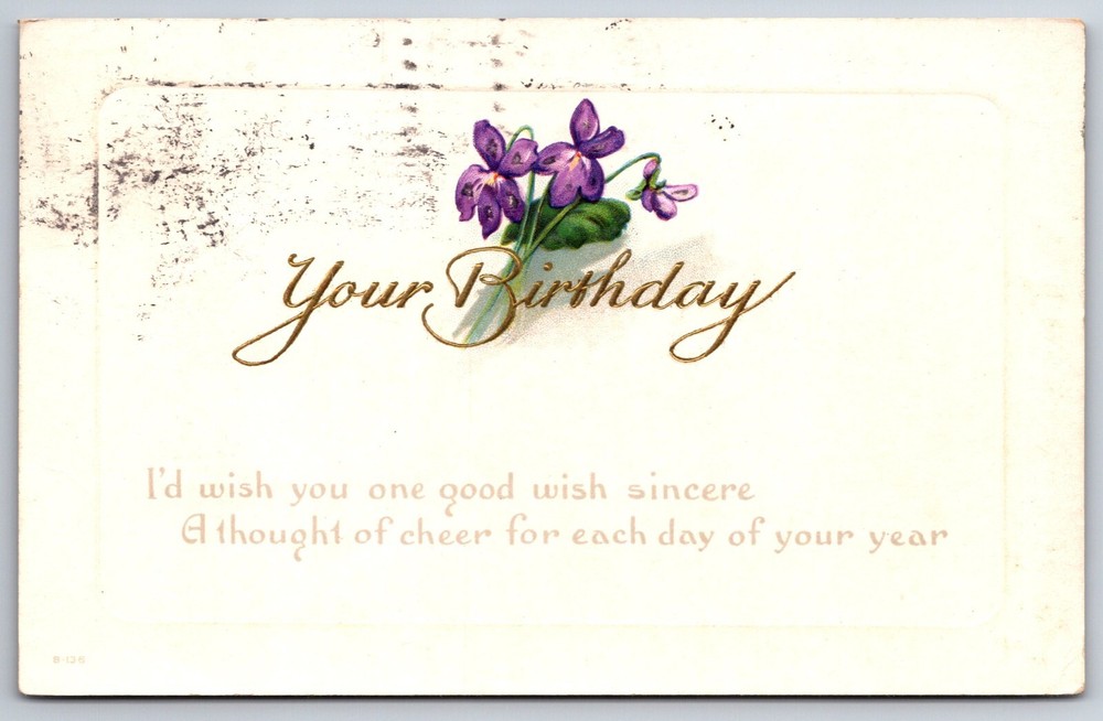 Greetings~Purple Violets Your Birthday Rhyming Greeting~Vintage Postcard
