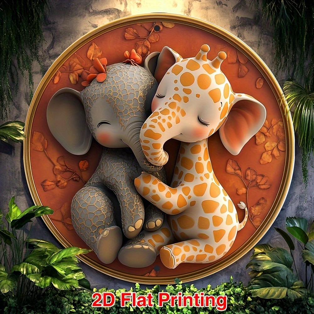 Vintage Giraffe and Elephant Wreath Round Aluminum Sign for Home