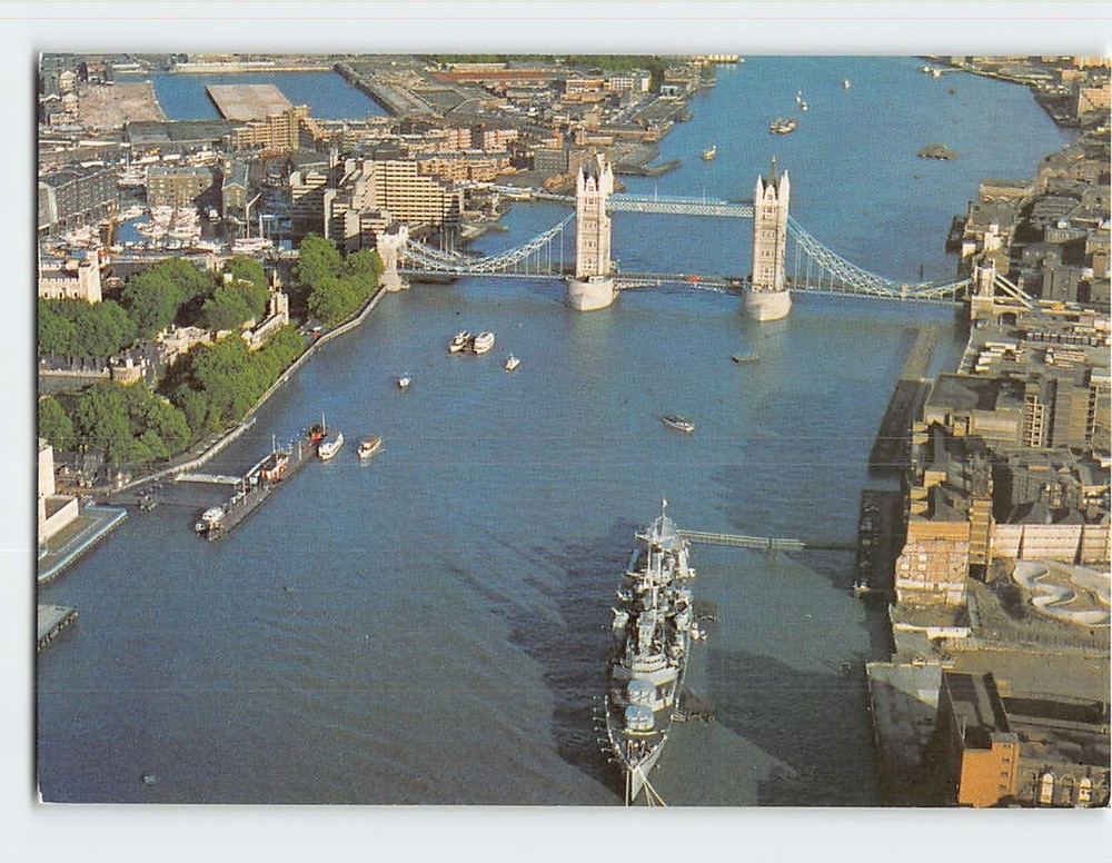 Postcard HMS Belfast moored by Tower Bridge London England