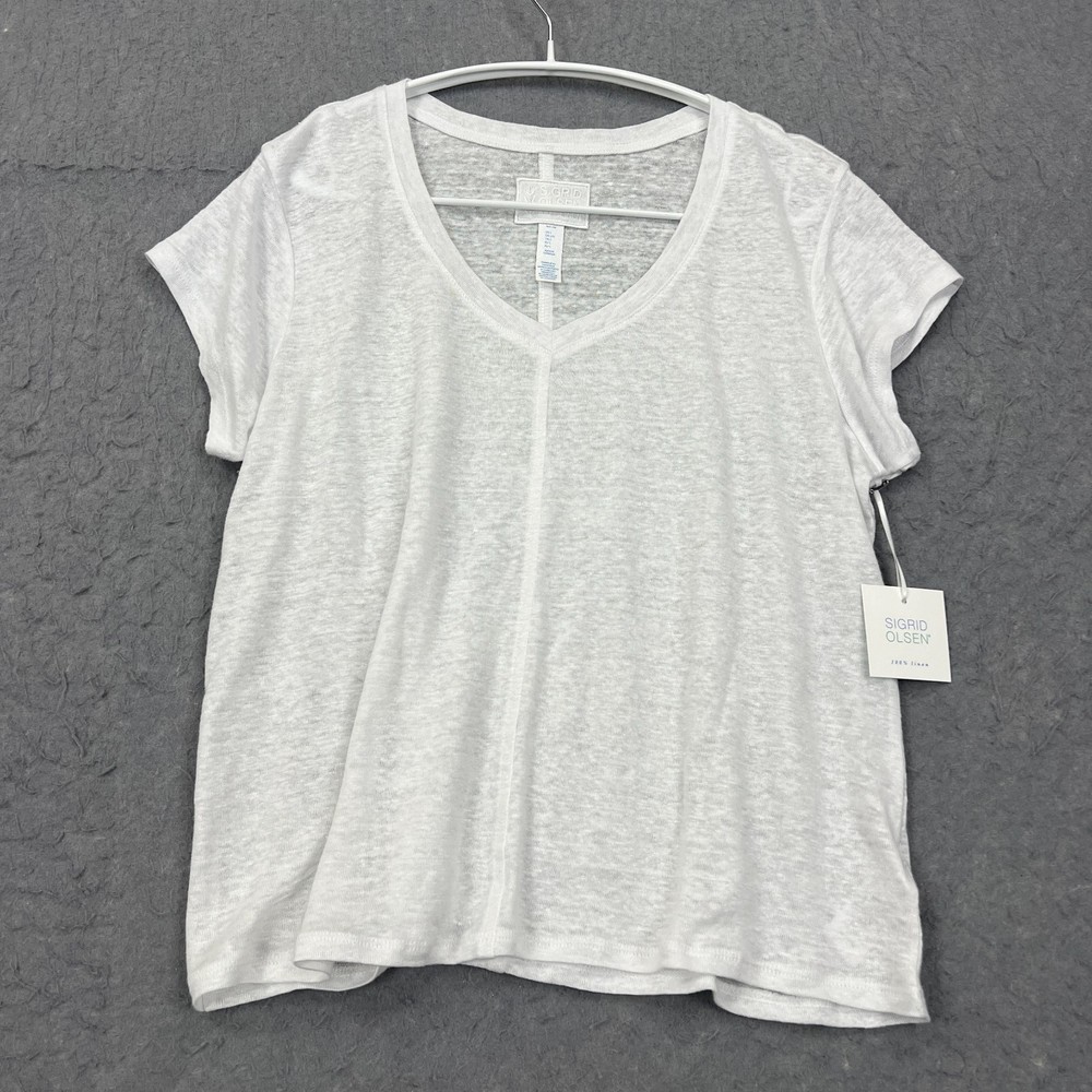 Sigrid Olsen Top Womens Large White 100% Linen Woven T-Shirt V-Neck Sheer Beachy