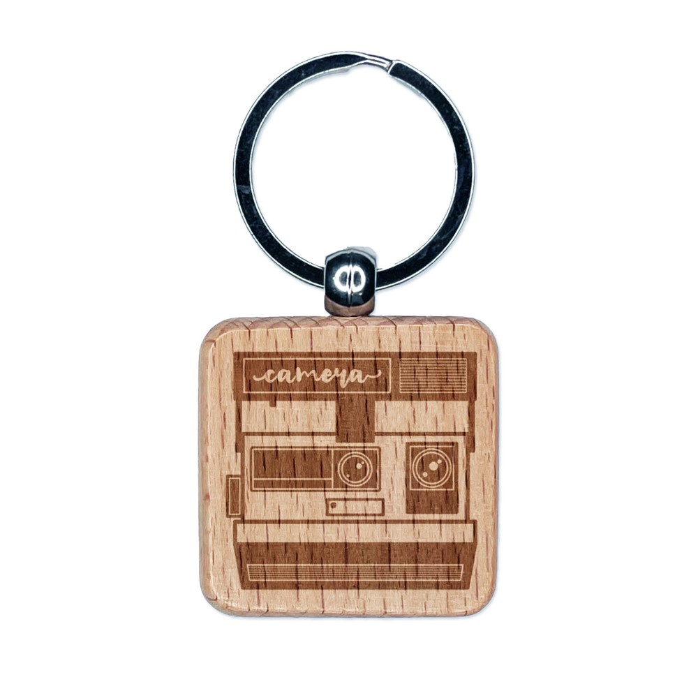 Vintage Instant Camera Photography Engraved Wood Square Keychain Tag Charm