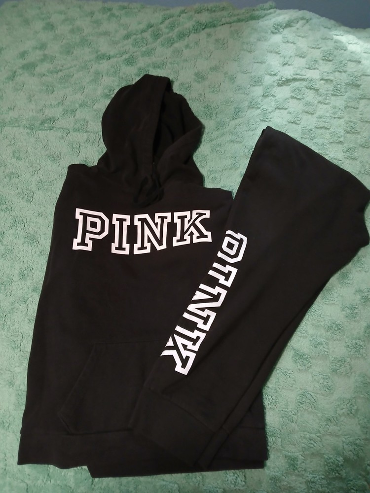 PINK Victoria's Secret Black Hoodie & Sweatpants Set M/L Logo Drawstring