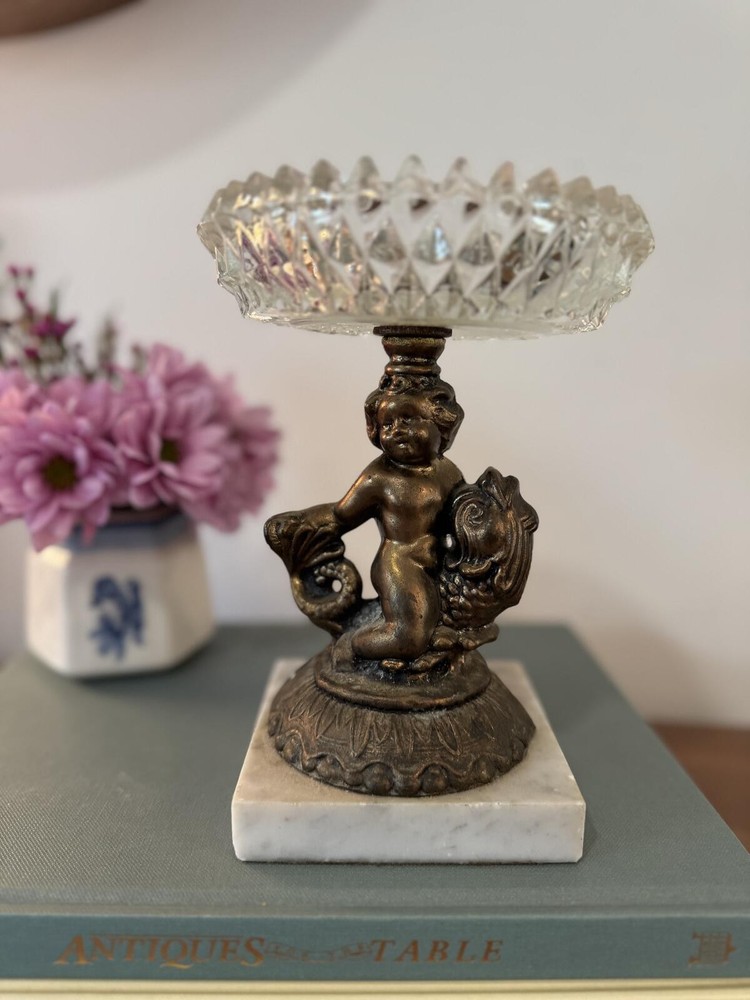 Vintage Bronze Cherub Figurine Candy Dish on Marble Base Hollywood Regency