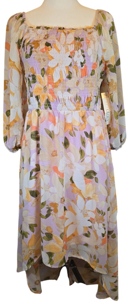 Luxology Womens M Chiffon High-Low Maxi Dress Pink Floral Smocked Cottage Boho