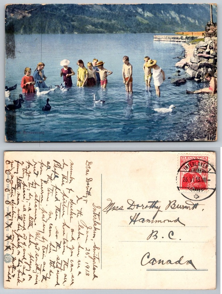 1913 Lake Brienz Interlaken Switzerland Children & Ducks Vintage Postcard