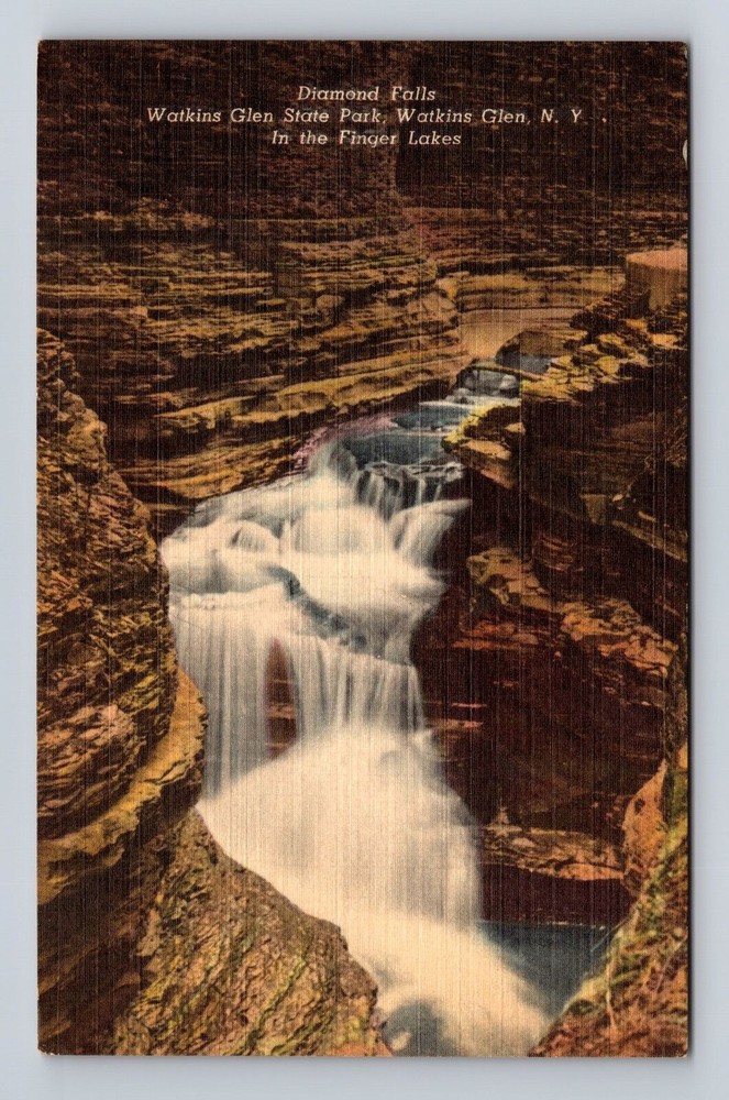 Watkins Glen NY-New York, Watkins Glen State Park Diamond Falls Vintage Postcard