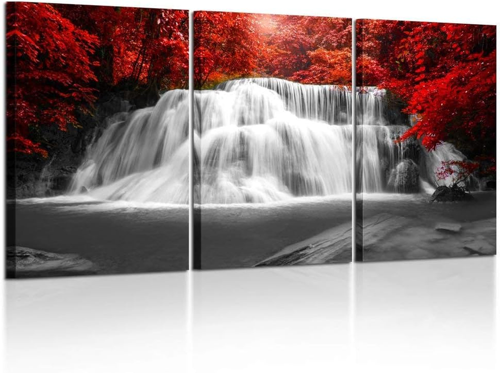 Black White and Red Canvas Wall Art 3 Pieces Red Woods Waterfall Canvas Print La