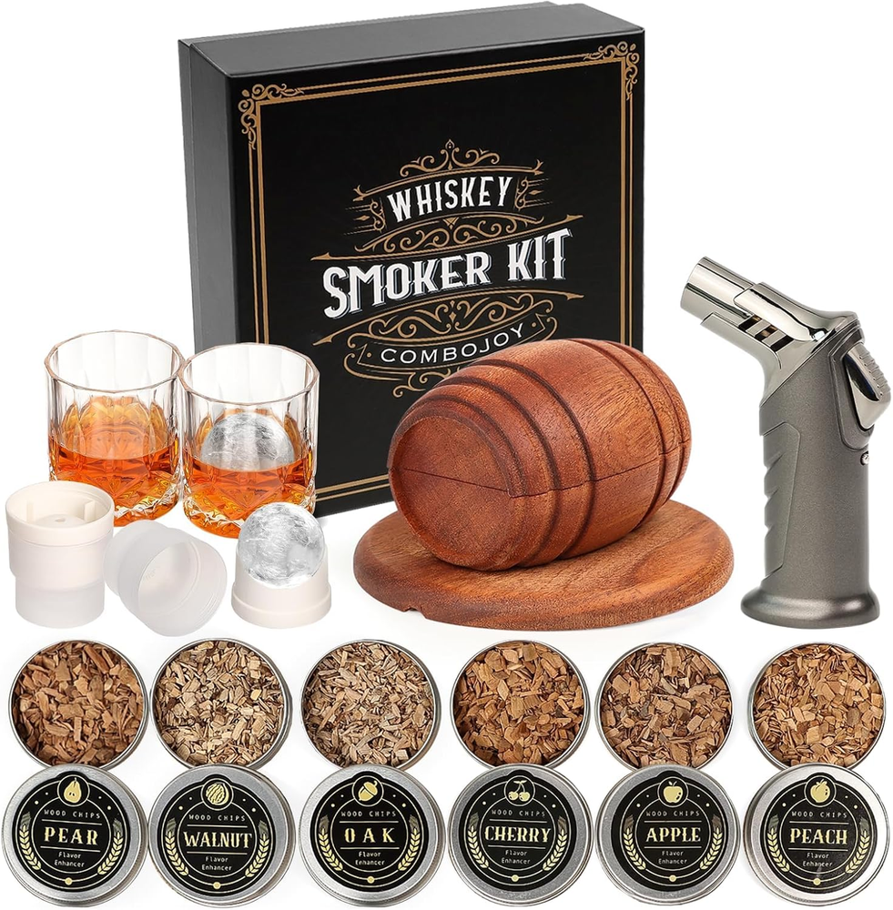 Whiskey Smoker Kit with Torch - 6 Flavors Wood Chips, 2 Glasses, 2 Ice Ball Mol