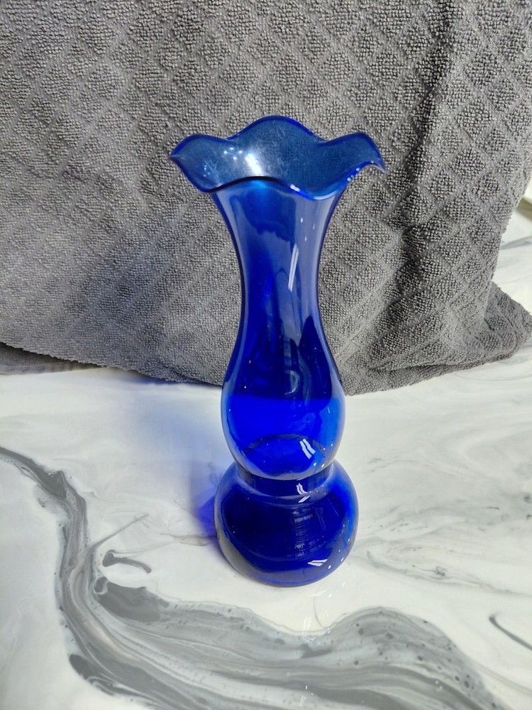 Small Cobalt Blue Glass Bud Vase with Ruffled Rim Hand Blown, Vintage