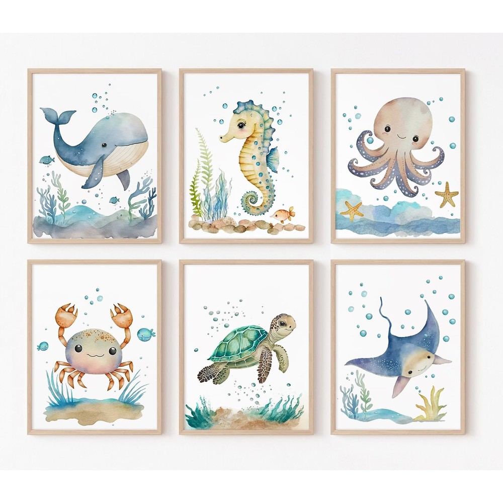 Nursery Sea Animal Wall Decor Set of 6 Ocean Watercolor Canvas Wall Art Baby ...