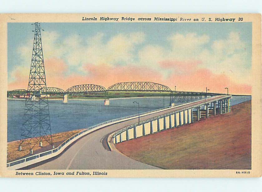 Unused Linen BRIDGE SCENE Clinton Iowa To Fulton Illinois IL H8218