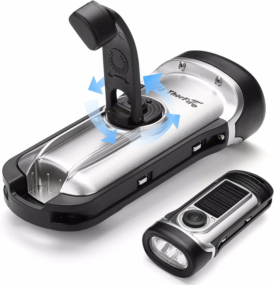 Solar Flashlight Hand Crank Solar Powered Rechargeable Flashlight IPX6 Waterproo