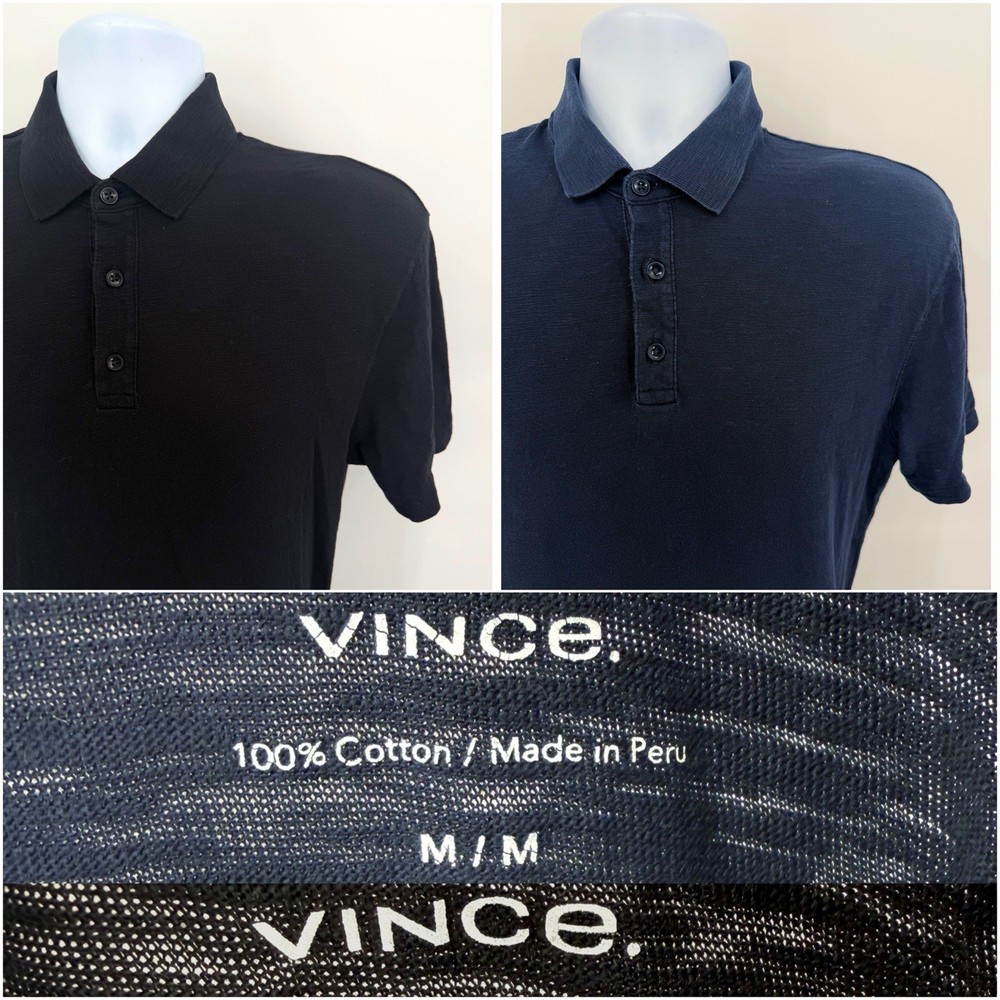 Lot of 2 Vince Men's Medium Polo Shirt Solid Blue Black Cotton Button Designer