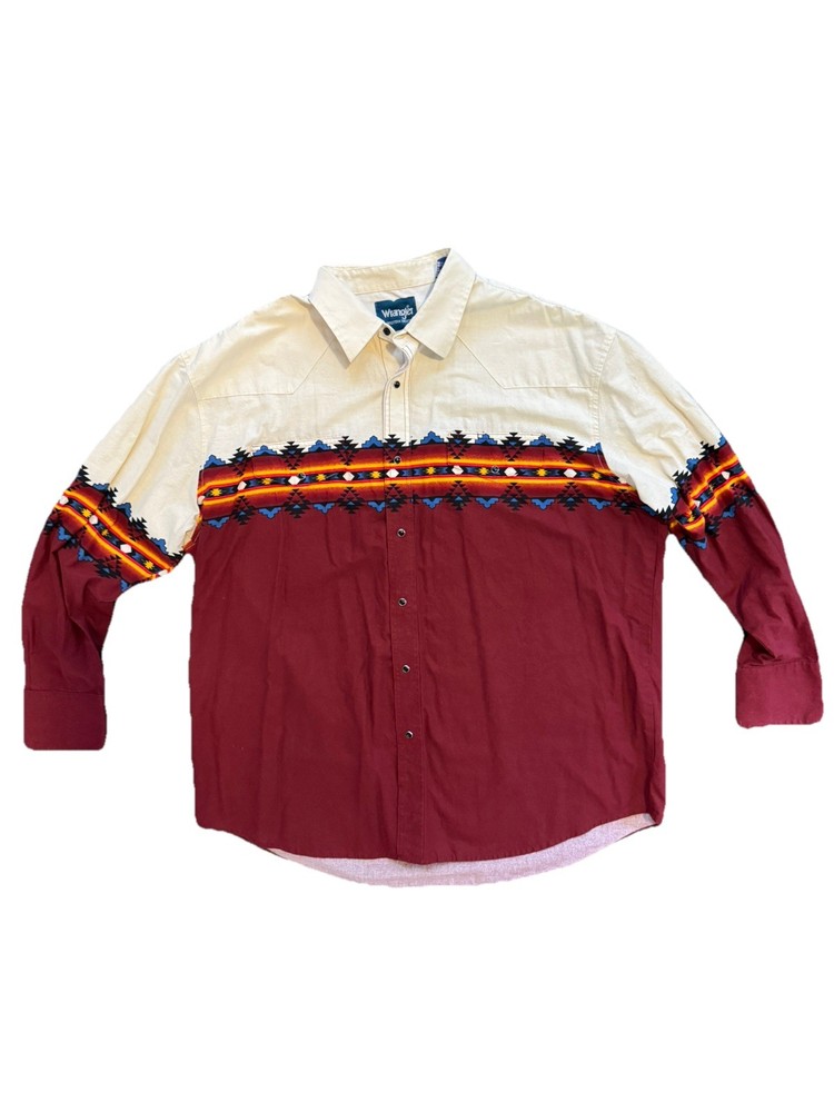 Wrangler Vintage 90s Checotah Aztec Western Rodeo Cowboy Pearl Snap Shirt Sz 2XL
