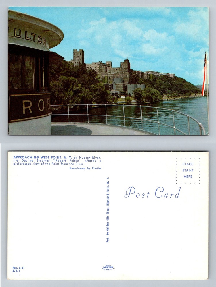 West Point, NY-New York Steamer Robert Fulton Hudson River View Vintage Postcard