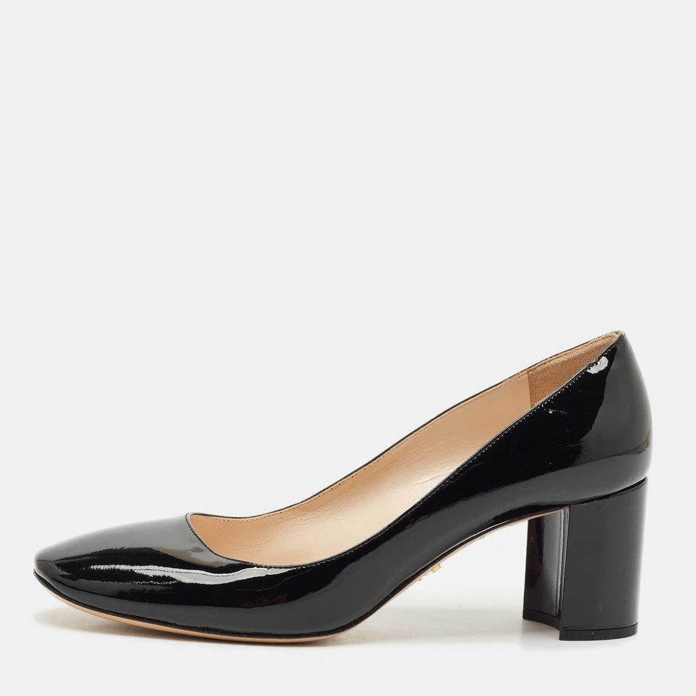 Prada Black Patent Leather Bow Block Heel Pumps Size 37.5