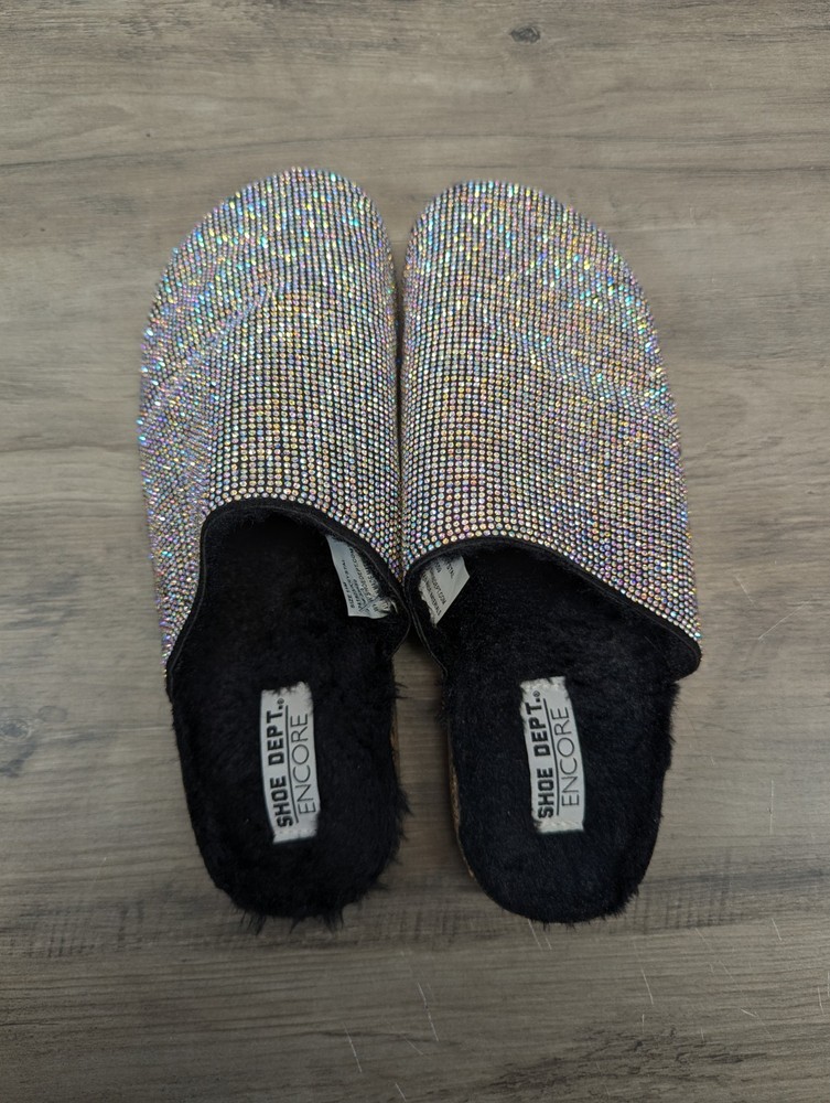 Shoe Dept Encore Mule Slip On Crystal Embellished Slipper Size 11 Fur lined
