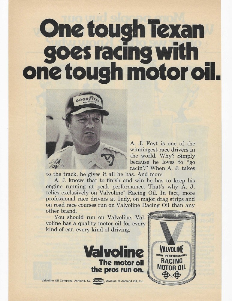 One Tough Texan A.j. Foyt   Valvoline   Original Print Ad