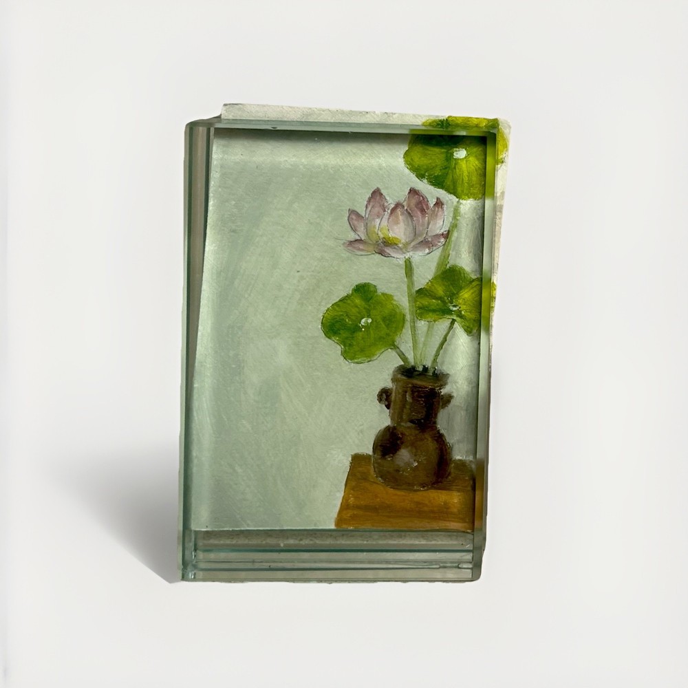 ACEO Original Oil Japan Pink Lotus Tranquility Art Card OOAK 2.5” X 3.5”
