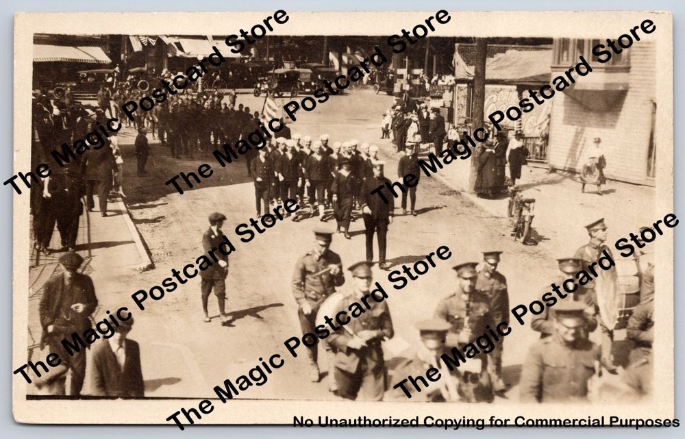 WWI Memorial Day Parade WINSTED Connecticut RPPC Sailor Army Band Coca-Cola Sign