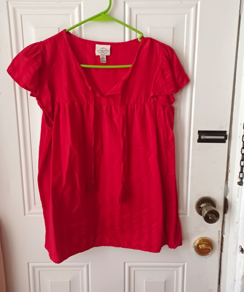 St. John's Bay Red Solid Cotton Woven V-Neck Cap Sleeve Ruffle Blouse S