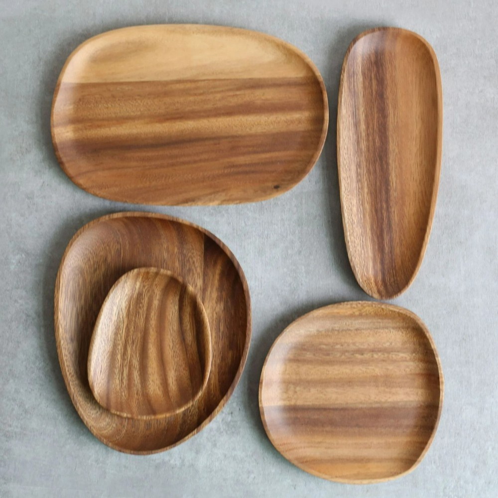 Acacia Irregular Oval Solid Wooden Serving Decorative Wood Dinner Plate-image