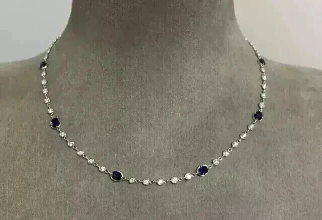 5.00CT Oval Cut Lab Created Blue Sapphire Tennis Necklace 14k White Gold Plated