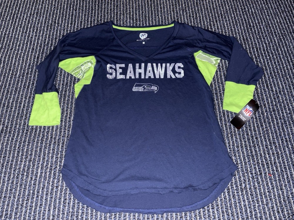 NWT Seattle Seahawks Womens Medium V-Neck T-Shirt NFL Football Logo Blue