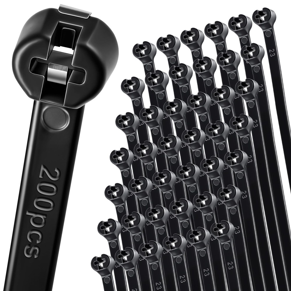 200 Pcs Heavy-Duty Black Nylon 6.6 Cable Ties 14.9 Inch 53LB Strength with Stainless Steel