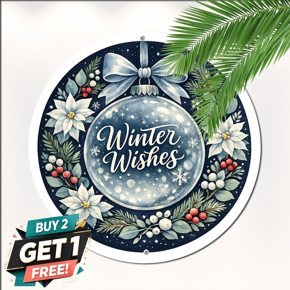 Blue Winter Christmas Round Tin Sign Festive Snow Scene Kitchen Wall Decor