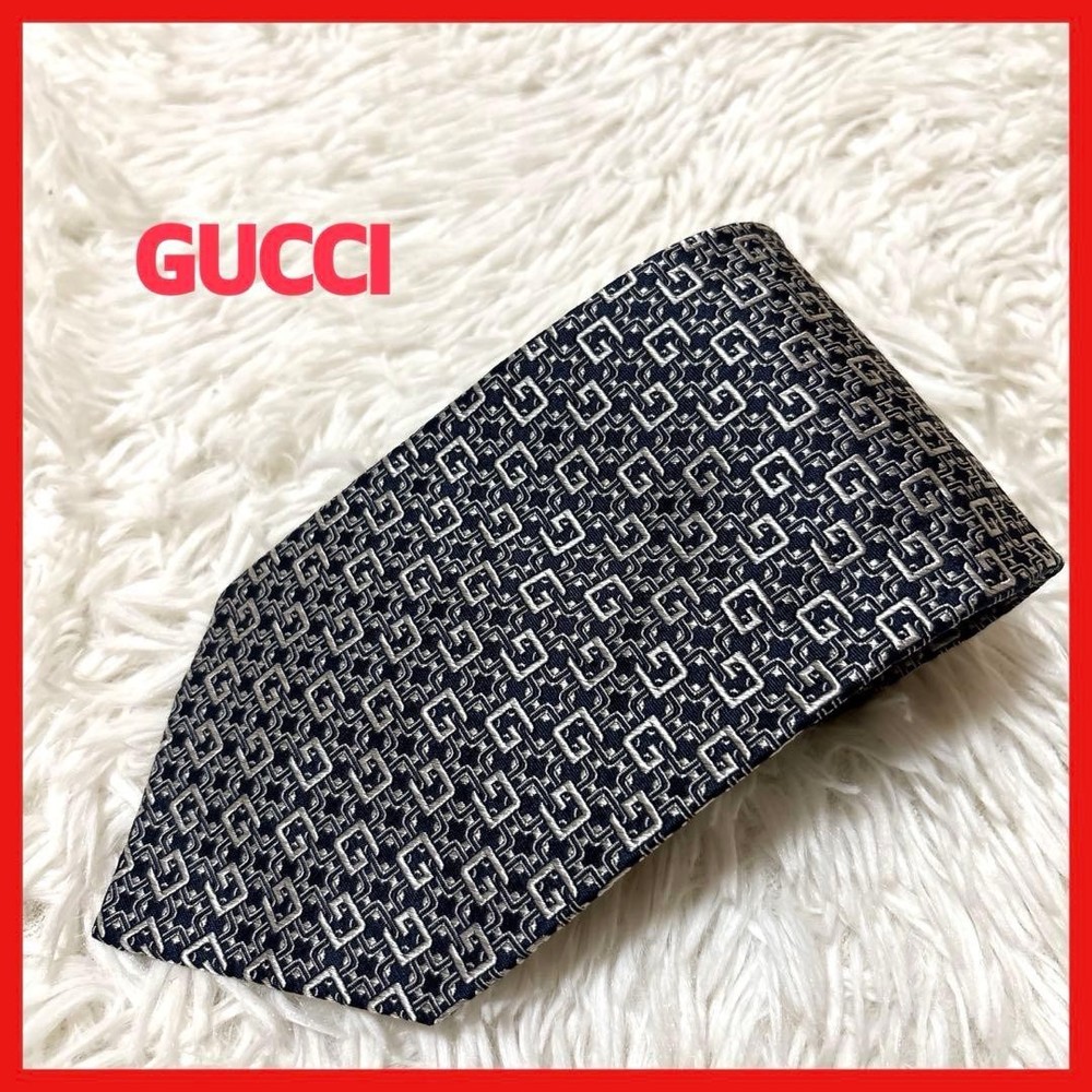 GUCCI Necktie Tie Navy 100% Silk Men's All over G Logo pattern Made in Italy
