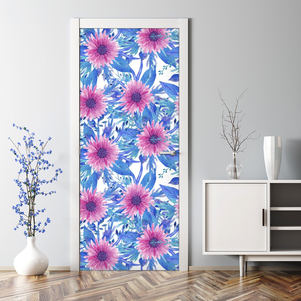 Cold and Pink flowers Bubble Free Door sticker mural Self Adhesive floral Decor