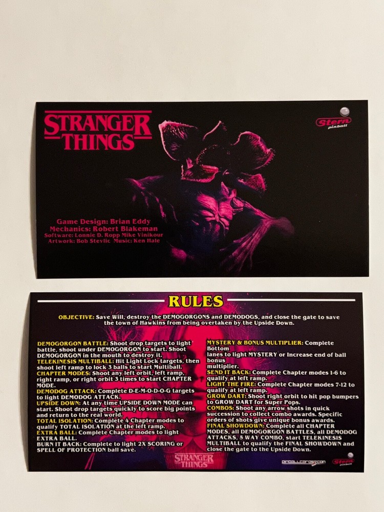 Stranger Things Stern Pinball Apron Instruction Cards