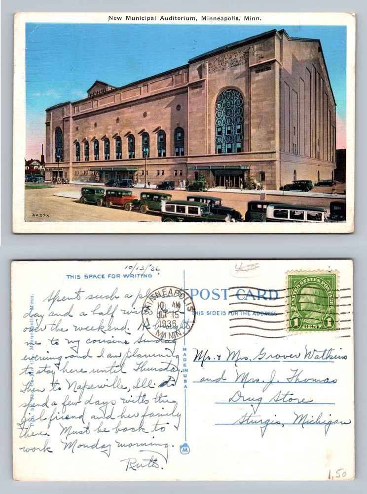 Minneapolis, MN-Minnesota, Municipal Auditorium c1936 PC Vintage Postcard