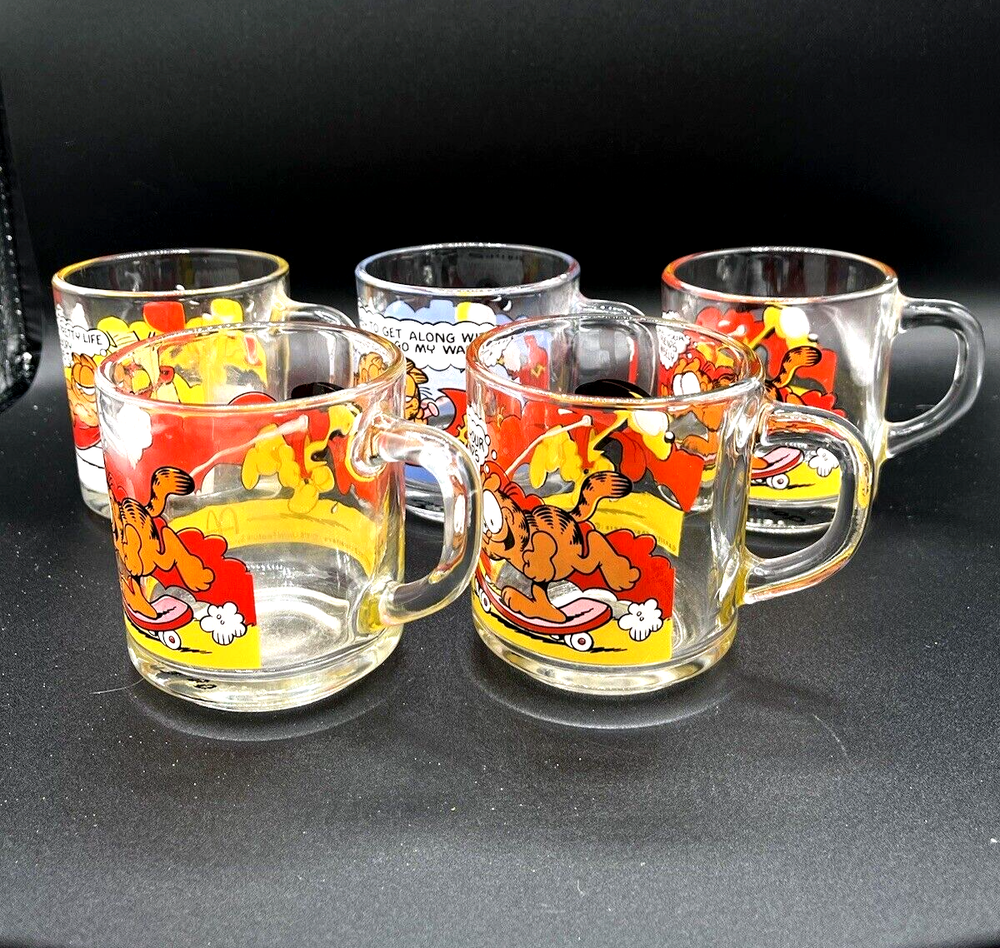 Vintage 1978 Garfield McDonalds Glass Coffee Mugs Set of 5 Jim Davis Comic Strip