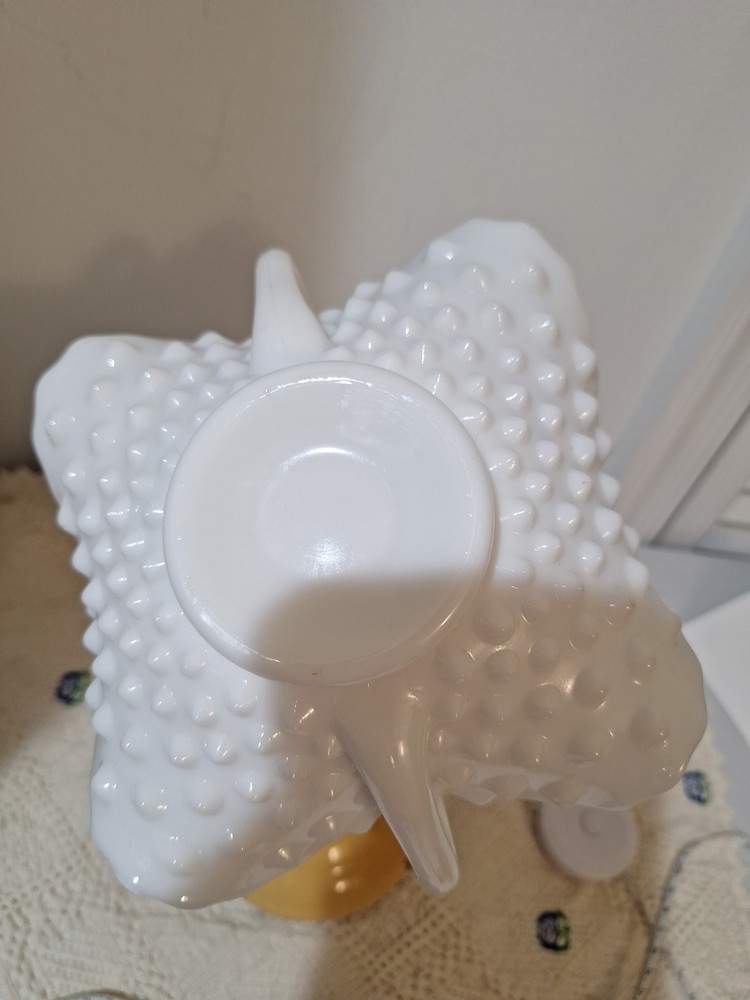Vintage Fenton White Milk Glass Hobnail Double Handle Ruffled Edge Candy Dish