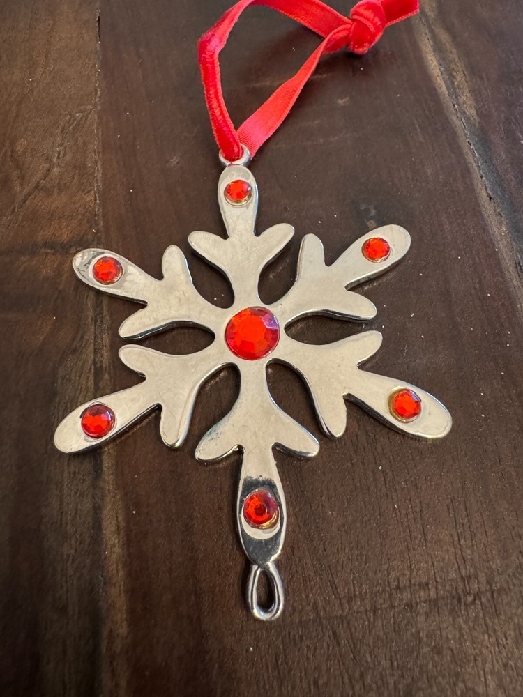 Vintage Snowflake Christmas Ornament Silver Tone with Red Rhinestones