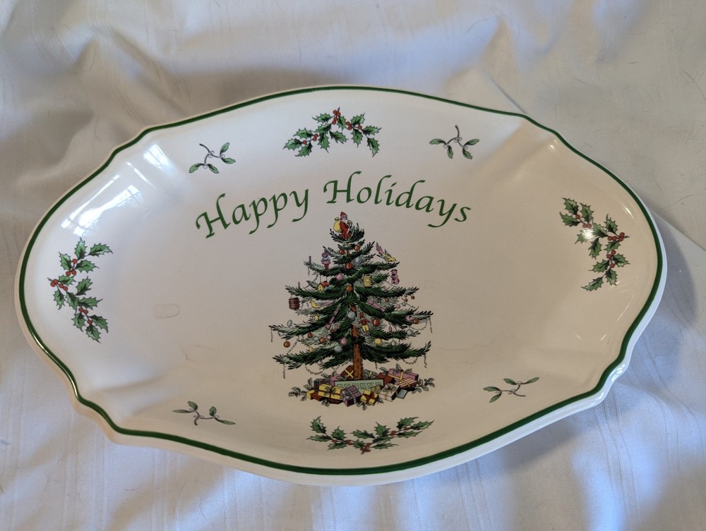 Spode Christmas Tree oval bowl tray green rim Happy Holidays