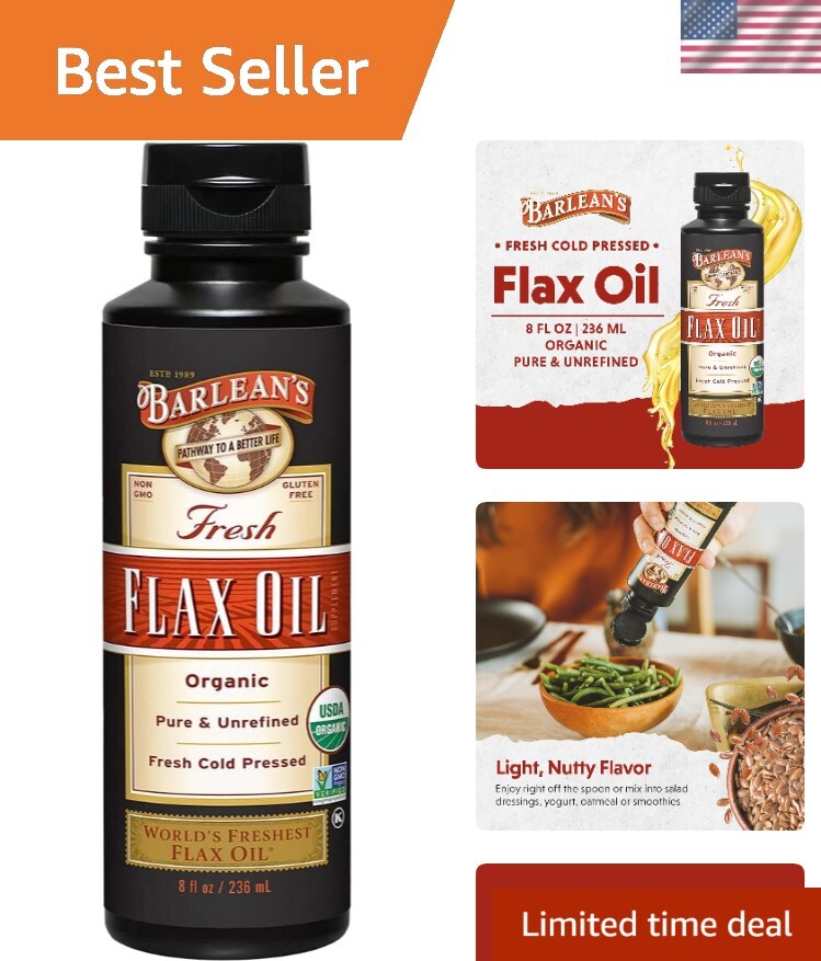 Cold Pressed Organic Flaxseed Oil - 8 oz Vegan Omega-3 Supplement for Skin Care