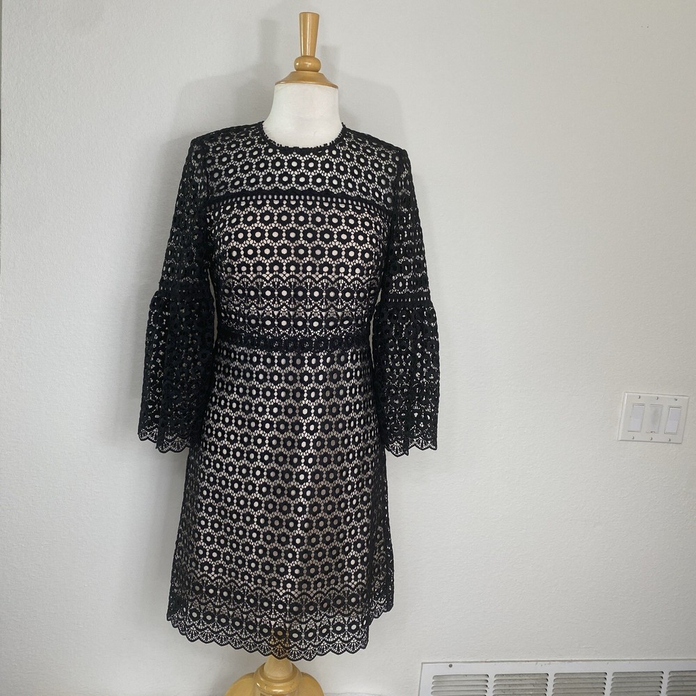 J. Crew Women's Black Size 4 Floral Crochet Bell Sleeve Sheath Dress EUC Classic