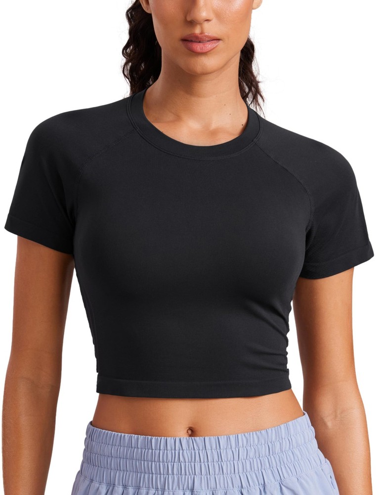 Seamless Crop Workout Tops for Women - Athletic Running Gym Yoga Short Sleeve...