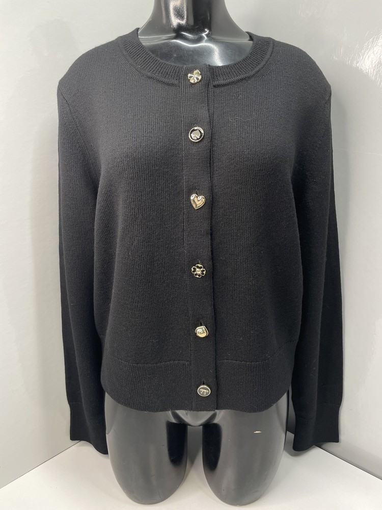 Kate Spade Womens Wool Knit Cardigan Black Size L Nell Gold Novelty Button Up