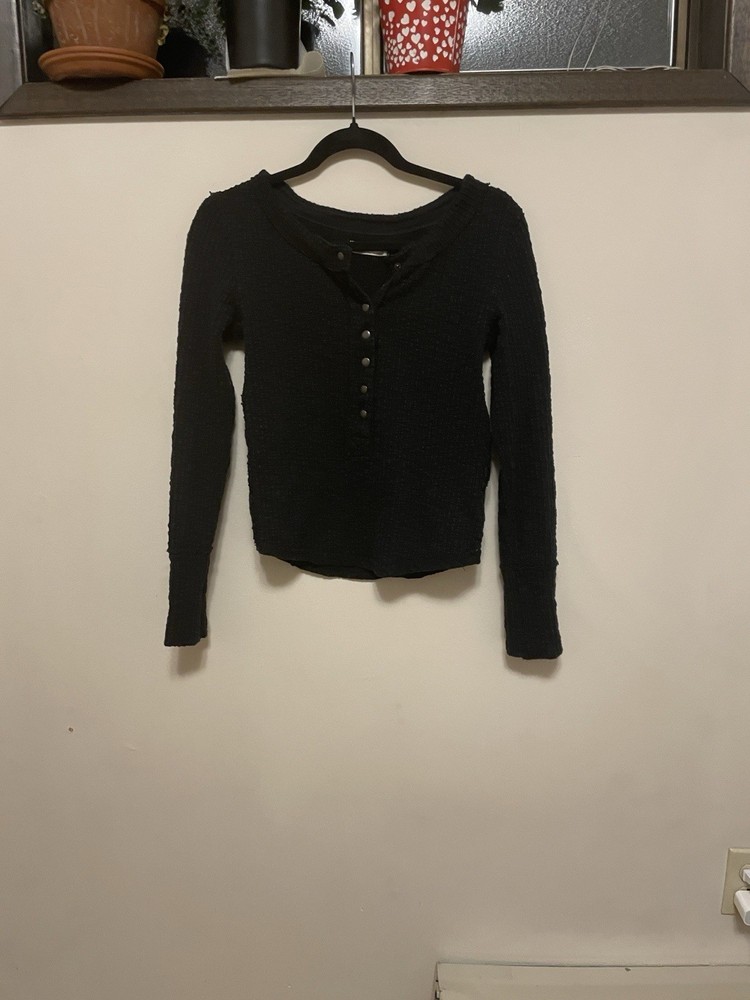 We The Free Black Knit Henley Button Long Sleeve Top Women's Size S