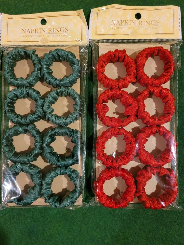 Red & Green Napkin Rings 8 Each Scrunched Fabric NOS