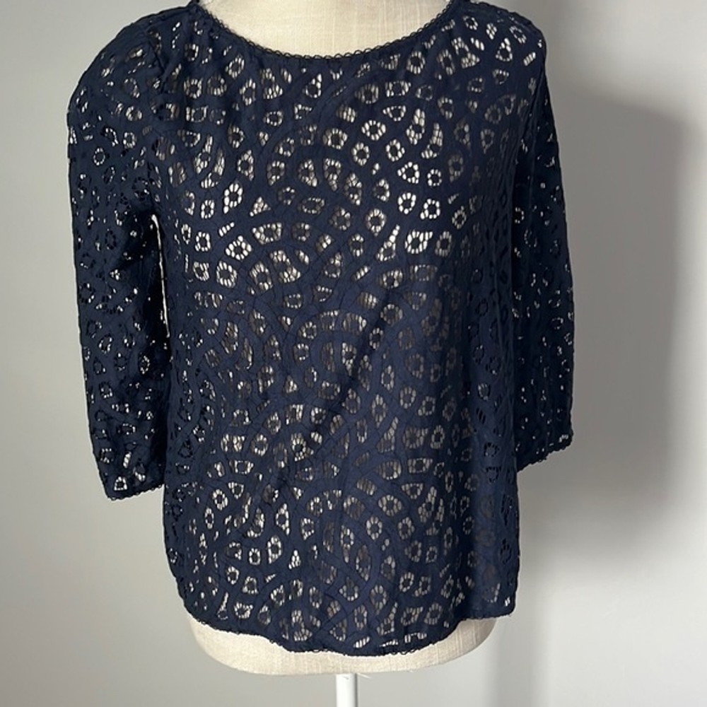 Ann Taylor Loft Navy Lace Blouse Petite XS